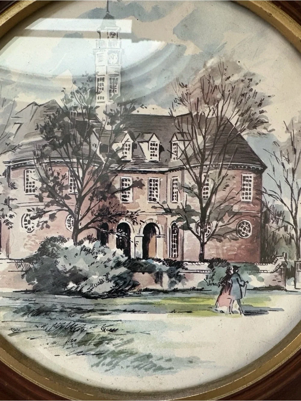 Vintage Pair of Round Framed Watercolor Wall Art Prints Building Williamsburg VA